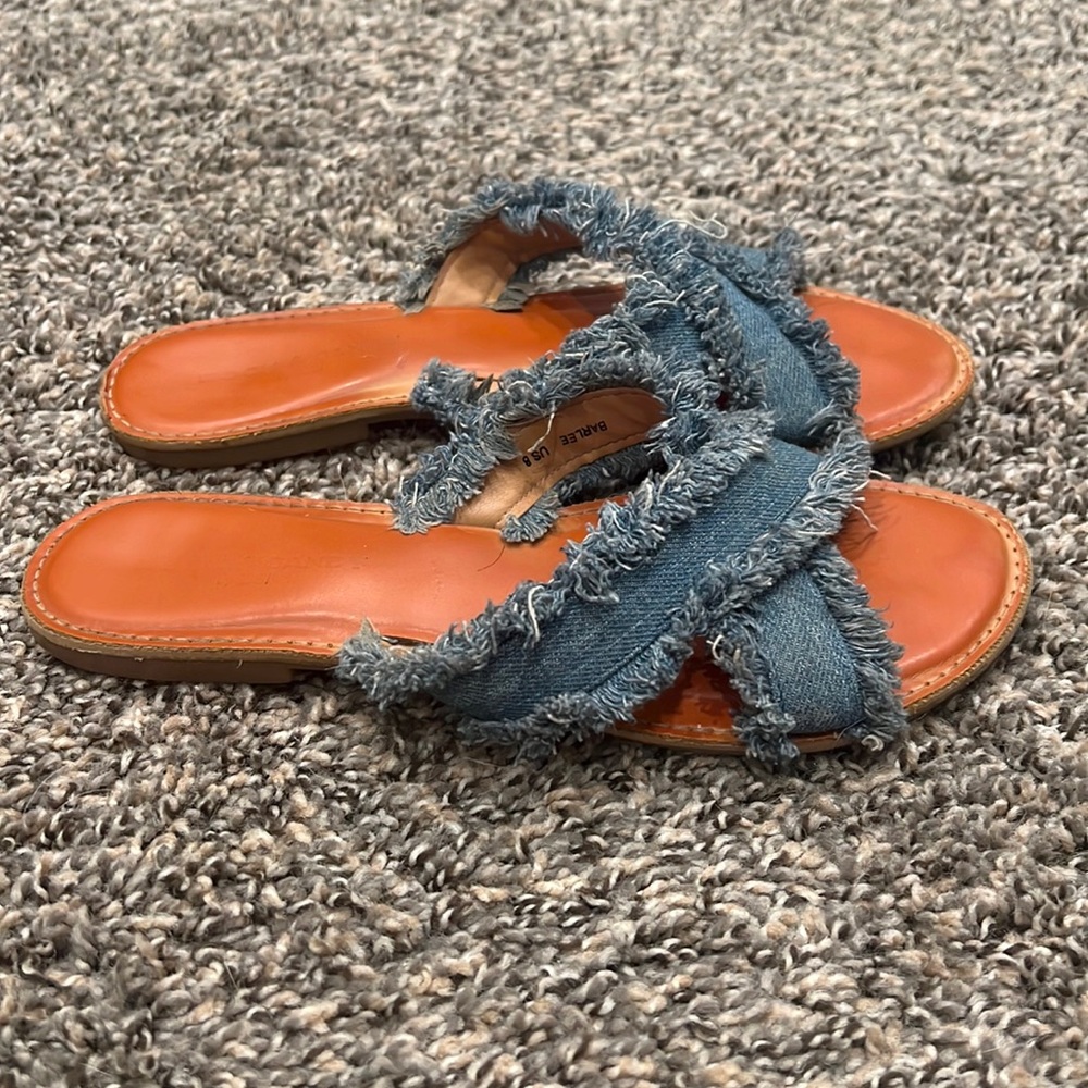 Denim fringe flip flops